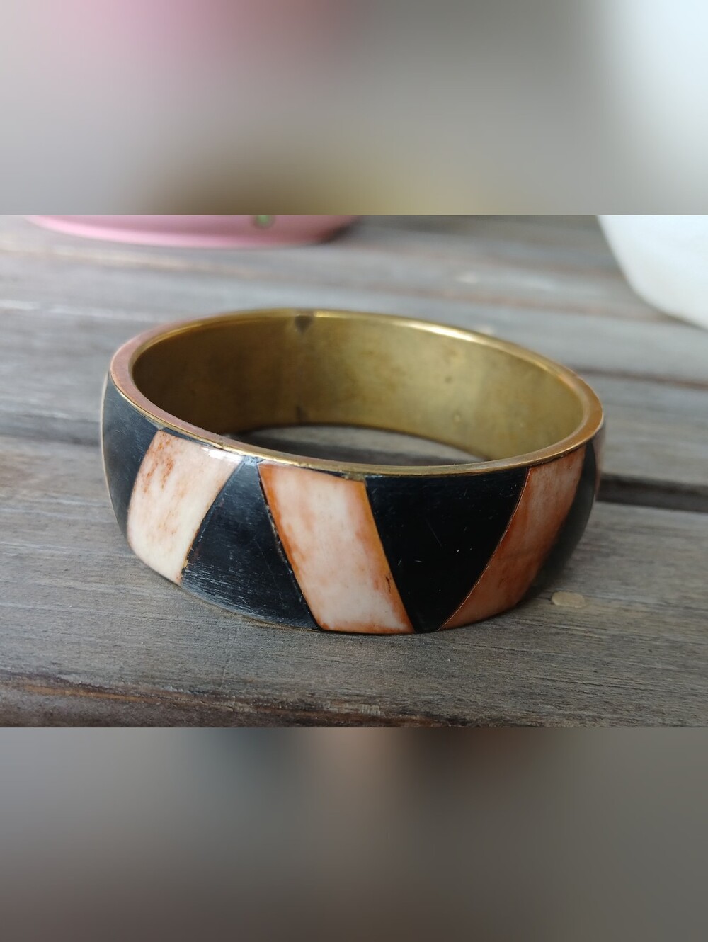 Vintage Black and Shell Inlay Bangle Bracelet